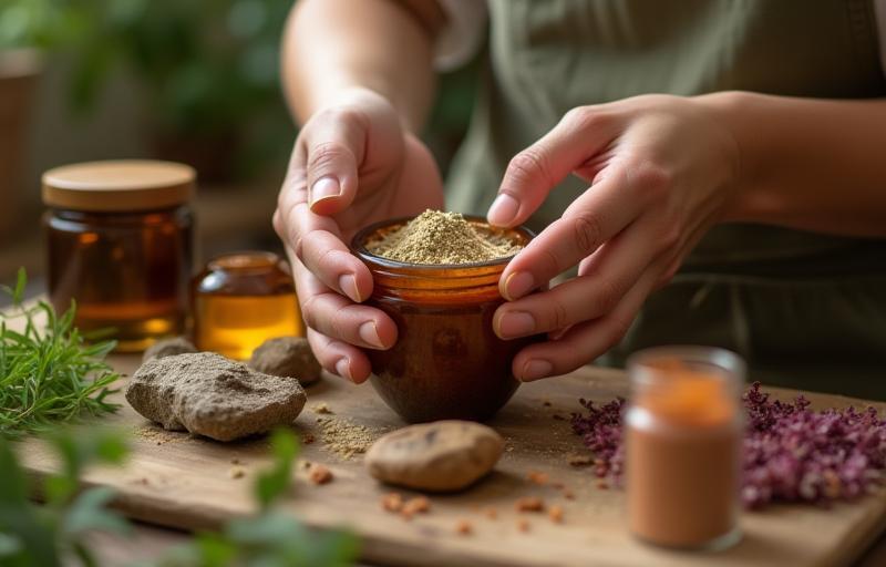 Hands crafting a cosmetic product with natural ingredients surrounding