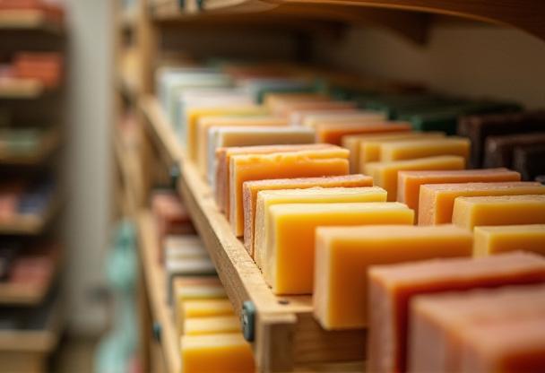 Rows of colorful handmade soap bars curing on racks