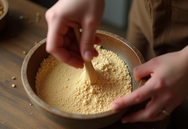 Close-up of ingredients being mixed by hand in a bowl