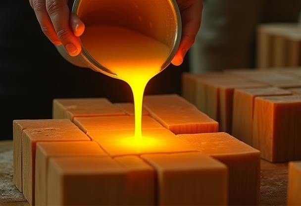 Hands pouring molten soap mixture into wooden molds