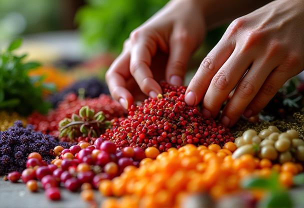 Hands carefully selecting vibrant natural ingredients like flowers and herbs