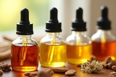 Small glass bottles filled with colorful essential oil blends