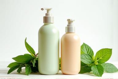 Bottles of natural shampoo and conditioner next to fresh herbs