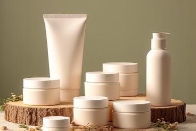 A collection of organic skincare jars and bottles on a wooden surface