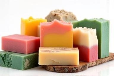 Selection of vibrant, multi-colored handmade soaps